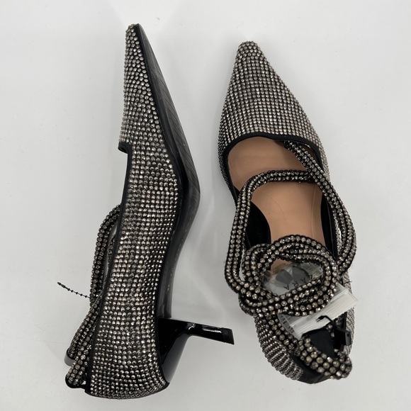 ZARA NEW GEM RHINESTONE BLACK GRAY SILVER POINTED BOW TIE ANKLE KITTEN HEELS 6 - Picture 5 of 11